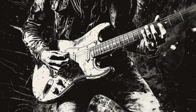 Monochrome Rockstar Musician Guitar And Drum In Mezzotint Photocopy Effect For Grunge Punk Y2k