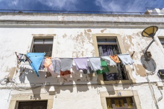 The old town centre of Lagos, laundry hanging to dry in front of the house, in the west of the