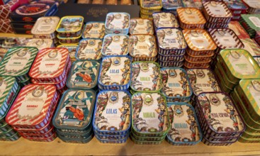 Comur sardines and other tinned fish products, popular souvenir from Portugal, flagship store, in