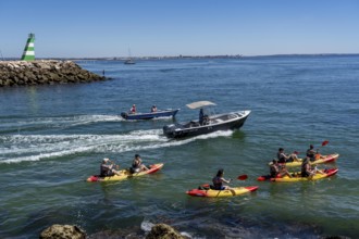 Kayak tours to the rocky coast of Ponta da Piedade, groups of tourists kayak on the sea to the