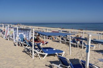 Kilometre-long sandy beach Praia do Barril, on the island off Santa Luzia, Algarve, Portugal