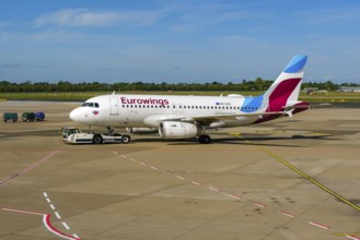 Düsseldorf, North Rhine-Westphalia, Germany - Düsseldorf Airport, Eurowings aircraft being towed by