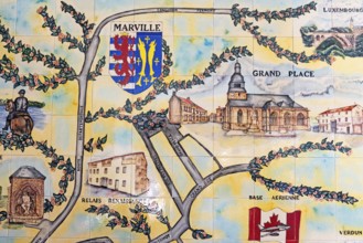 City map, coat of arms, wall tiles, Marville, Renaissance village, Département Meuse, Grand Est,