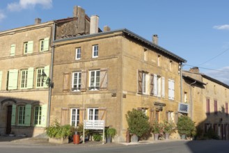 Street corner, historic building, yellow sandstone, Marville, Renaissance village, Département