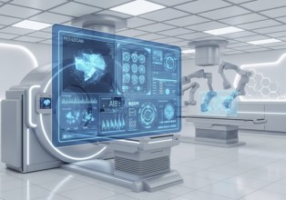 High-tech medical imaging lab with two PET-CT scanners, robotic arms, and a large holographic
