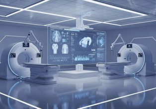 High-tech medical imaging lab with two PET-CT scanners, robotic arms, and a large holographic
