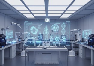 High-tech medical imaging lab with two PET-CT scanners, robotic arms, and a large holographic