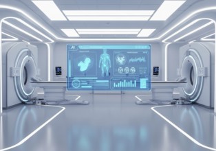 High-tech medical imaging lab with two PET-CT scanners, robotic arms, and a large holographic