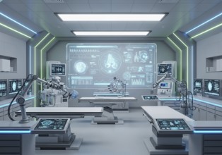 High-tech medical imaging lab with two PET-CT scanners, robotic arms, and a large holographic