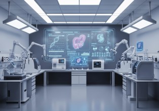 High-tech medical imaging lab with two PET-CT scanners, robotic arms, and a large holographic