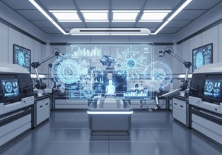 High-tech medical imaging lab with two PET-CT scanners, robotic arms, and a large holographic