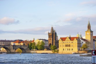 View of old town with Charles Bridge (Karluv Most) on Vltava river and Old Town Bridge Tower,