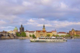 View of old town with Charles Bridge (Karluv Most) on Vltava river and Old Town Bridge Tower,