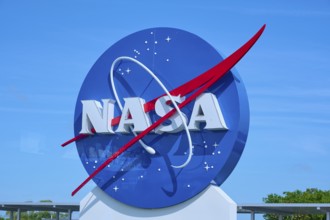 Large NASA logo on blue background with red tail, Kennedy Space Centre Visitor Complex, Merritt