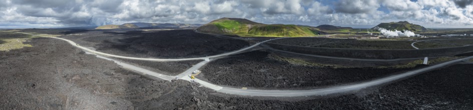 Lava, lava field, road, destroyed, summer, cloudy, sunny, panorama, aerial view Blue Lagoon,