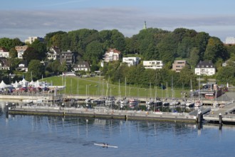 Houses and boats along a waterfront promenade with trees and green areas under a blue sky, Kiel