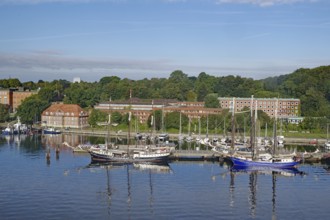 Sailing ships in the harbour with surrounding buildings and trees, under a clear blue sky, Kiel