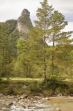 View of the Kofel, mountain, river, Oberammergau, Catholic, Ammergau, Ammergau Alps, Upper Bavaria,