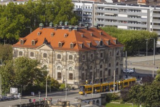 View from the lantern of the Church of Our Lady. Neustädter market with Augustus bridge, DVB tram