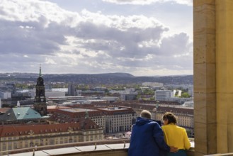 Tourists enjoying the view from the lantern of the Church of Our Lady, Dresden, Saxony, Germany