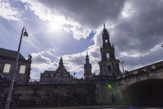 Ständehaus, Georgentor, Schloss- or Hausmannsturm, Hofkirche and Augustusbrücke in backlight,
