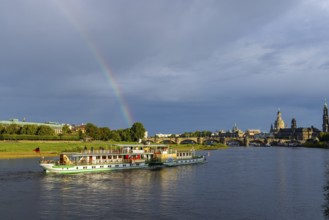Elbe steamer (Pillnitz) with rainbow over the Elbe at Neustädter Elbufer, Dresden, Saxony, Germany