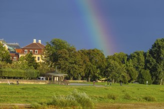 Rainbow over the Elbe at Neustädter Elbufer, Dresden, Saxony, Germany