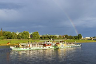 Elbe steamer (Pillnitz) with rainbow over the Elbe at Neustädter Elbufer, Dresden, Saxony, Germany