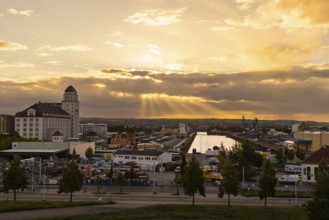 Elbe harbour Friedrichstadt with harbour mill in the evening, Dresden, Saxony, Germany