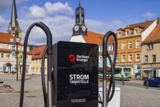 Sachsen Energie charging station on the market square with the old town hall, Wilsdruff, Saxony,