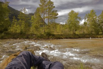Relaxing on the Ammer near Oberammergau, Kofel, tourism, Alps, mountains, Ammergau, Ammergau Alps,
