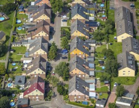 Aerial view, miners' housing estate Glück-Auf-Straße with colourful house facades in Rünthe,