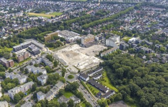 Aerial view, town hall and town hall square as well as construction site with demolition of the