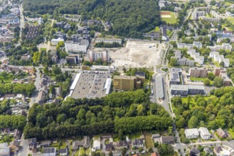 Aerial view, town hall and construction site with demolition of the former tower mall in