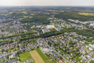 Aerial view, town hall and construction site with demolition of the former tower mall in