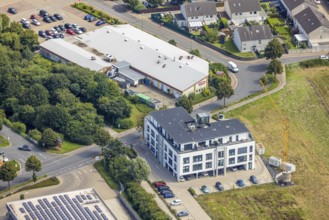 Aerial view, Rewe supermarket in Bergkamen, Ruhr area, North Rhine-Westphalia, Germany, Bergkamen,