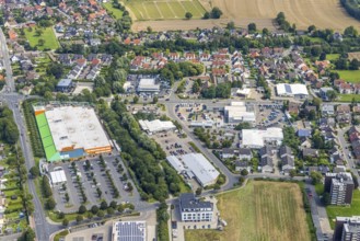 Aerial view, Globus DIY store and Rewe supermarket in Bergkamen, Ruhr area, North Rhine-Westphalia,