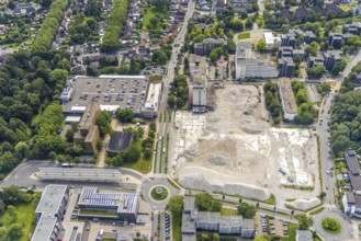 Aerial view, town hall and town hall square as well as construction site with demolition of the