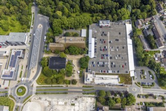 Aerial view, town hall and bus station in Schönhausen, Bergkamen, Ruhr area, North