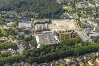 Aerial view, town hall and construction site with demolition of the former tower mall in