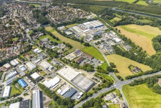 Aerial view, Eurobaustoff Zentrallager Westfalen GmbH and commercial area Rünther Straße in Rünthe,