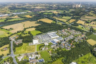Aerial view, shopping centre An der Bummannsburg with Kaufland and Deichmann in Rünthe and RWE