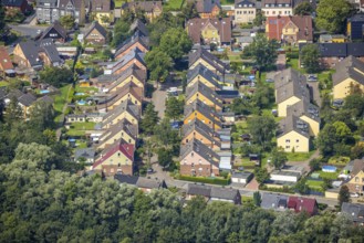 Aerial view, miners' housing estate Glück-Auf-Straße with colourful house facades in Rünthe,