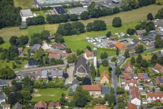Aerial view, Catholic Church of the Sacred Heart of Jesus in Rünthe, Bergkamen, Ruhr area, North