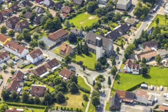Aerial view, Catholic Church of the Sacred Heart of Jesus in Rünthe, Bergkamen, Ruhr area, North