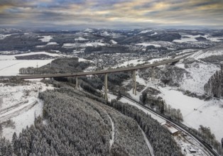 Aerial view of the highest viaduct in North Rhine-Westphalia in Nuttlar in Bestwig in Sauerland in