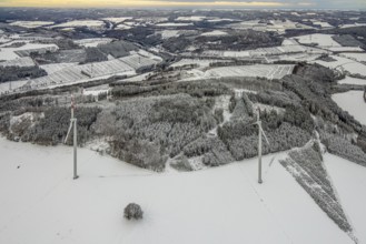 Aerial view of the snowy landscape near Berlarin Bestwig in Sauerland, North Rhine-Westphalia,