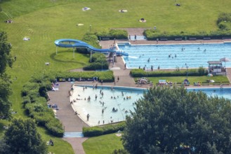 Aerial view, outdoor pool and wave pool Weddinghofen in the leisure centre Im Häupen in