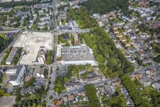 Aerial view, town hall and town hall square as well as construction site with demolition of the