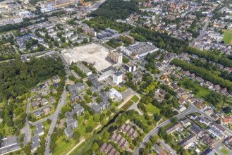 Aerial view, town hall and town hall square as well as construction site with demolition of the